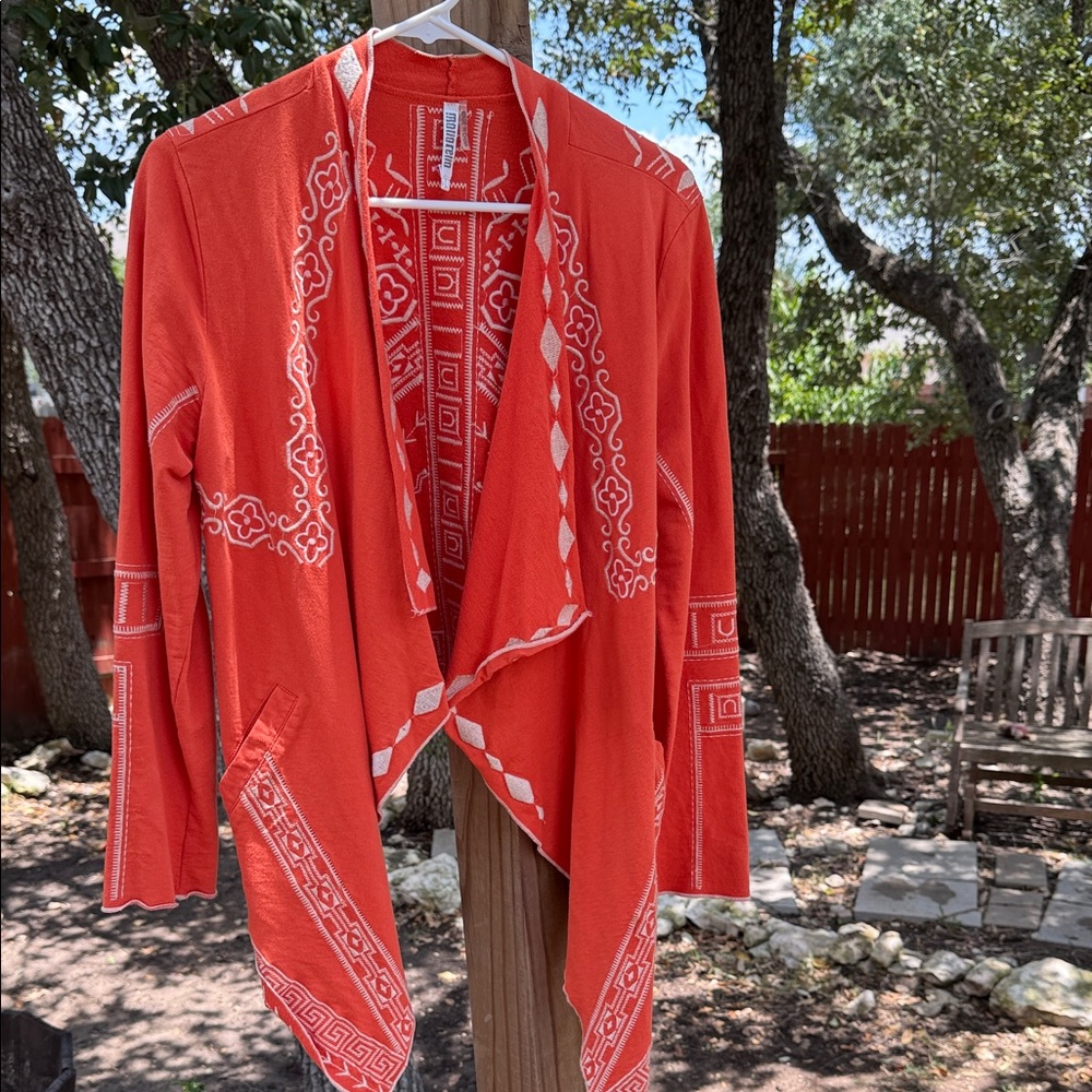 Monoreno Coral-Red Open Front Cardigan with White Trim
